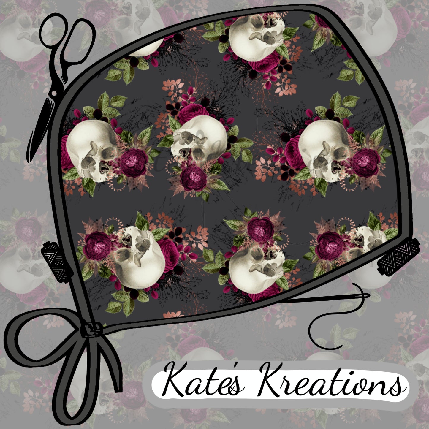 Burgundy Skulls High Bun Ponytail Scrub Cap