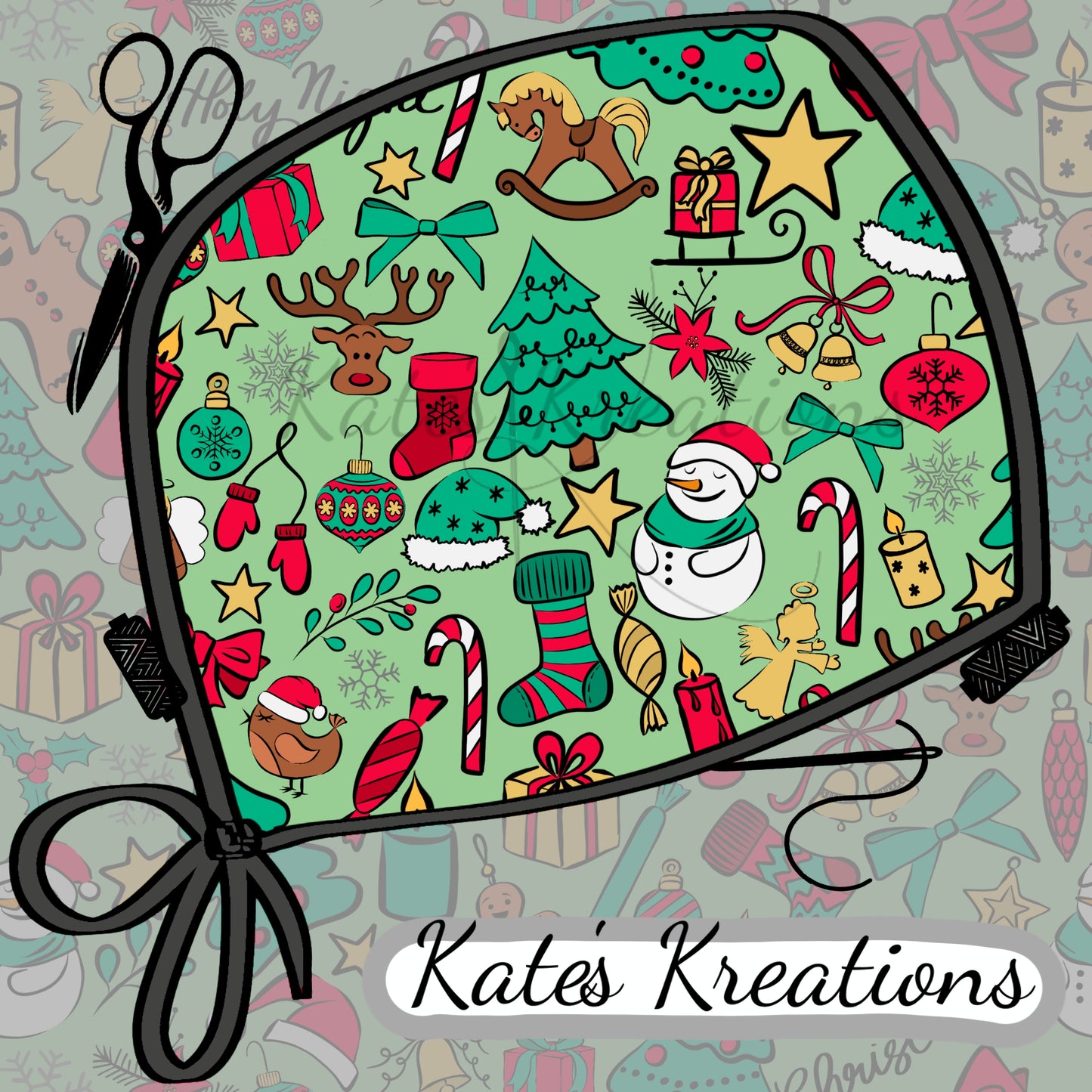 Christmas Doodles Ponytail Scrub Cap