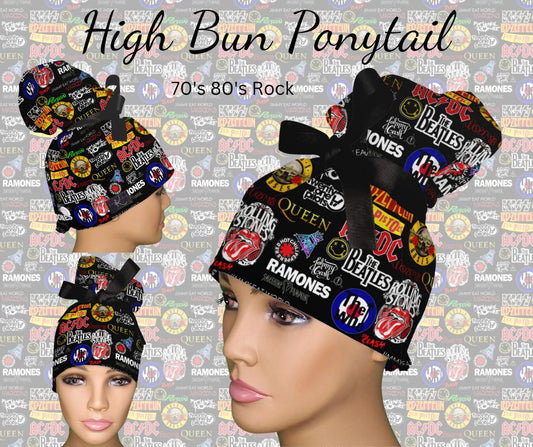 70's 80's Rock High Bun Ponytail Scrub Cap