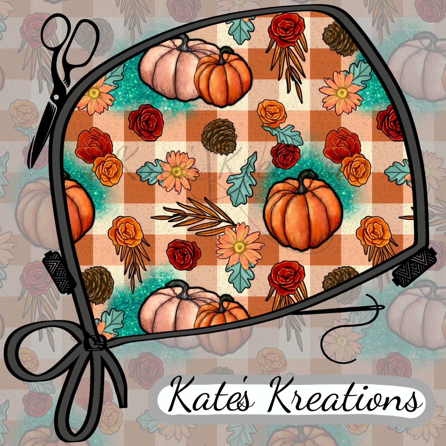 Turquoise and Tan Fall Pumpkins Low-Tie Surgeon Scrub Cap