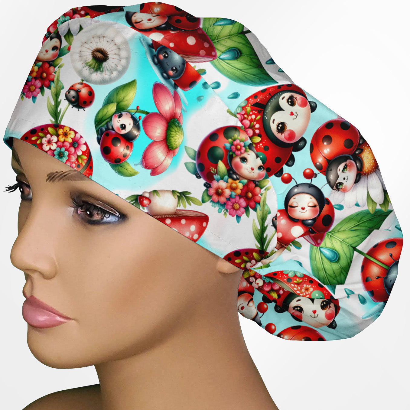 Whimsical Ladybugs - Blue Bouffant Style Scrub Hat