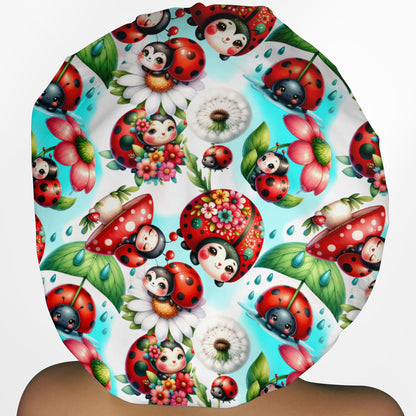 Whimsical Ladybugs - Blue Bouffant Style Scrub Hat