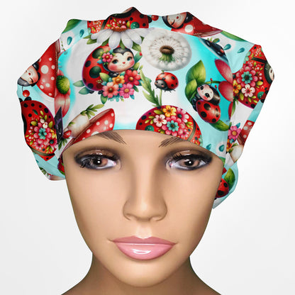 Whimsical Ladybugs - Blue Bouffant Style Scrub Hat
