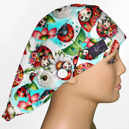 Whimsical Ladybugs - Blue Bouffant Style Scrub Hat