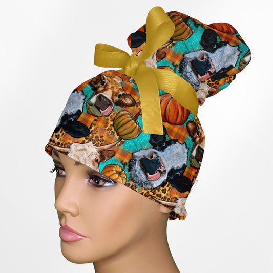 Autumn Cows High Bun Ponytail Scrub Cap