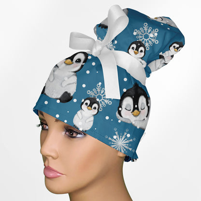 Baby Penguins High Bun Ponytail Scrub Cap