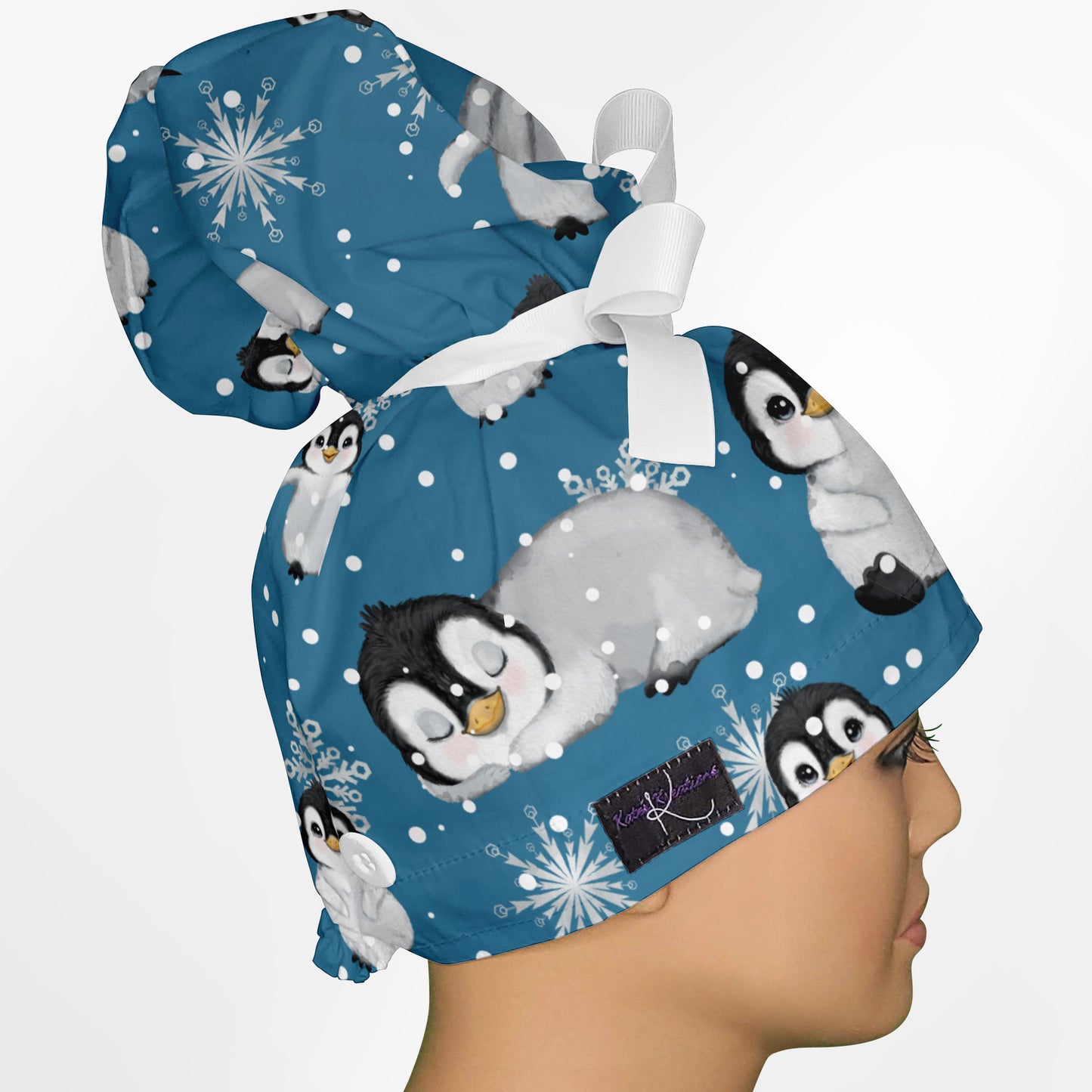 Baby Penguins High Bun Ponytail Scrub Cap