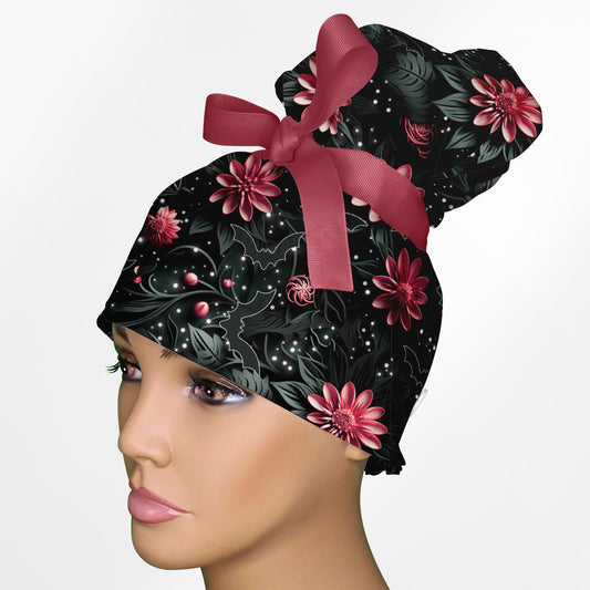 Bat Floral High Bun Ponytail Scrub Cap