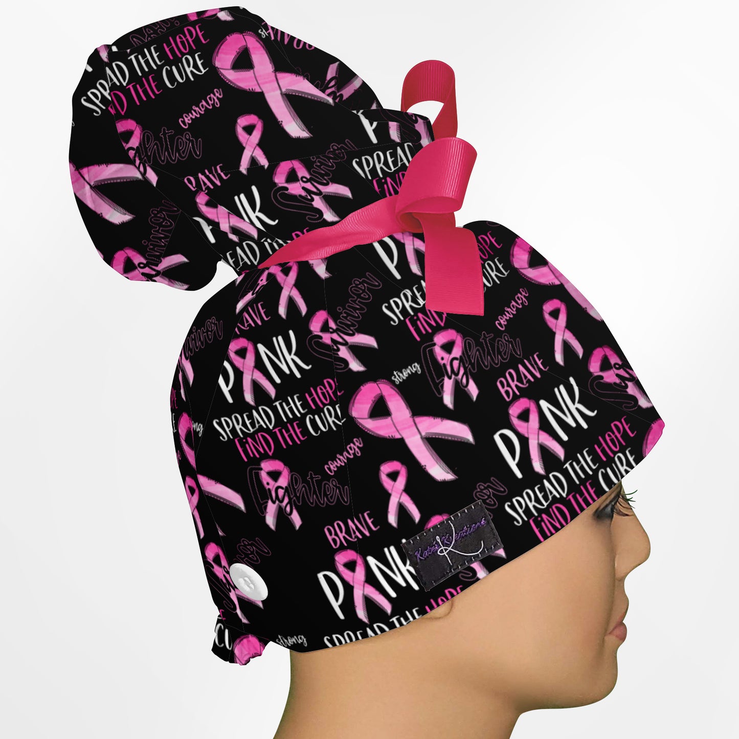 Breast Cancer High Bun Ponytail Scrub Cap
