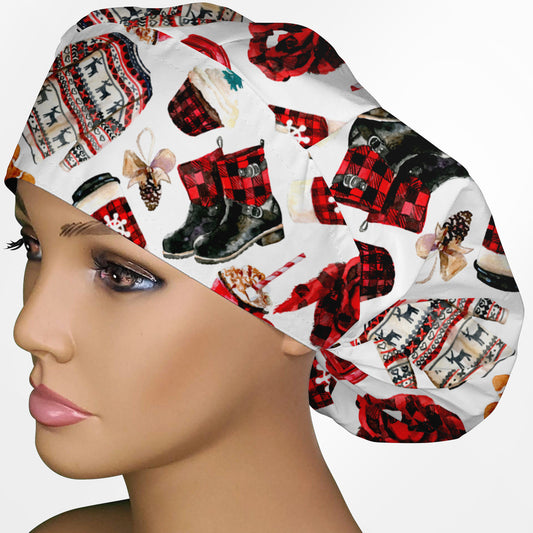 Buffalo Plaid (White) Bouffant Scrub Cap