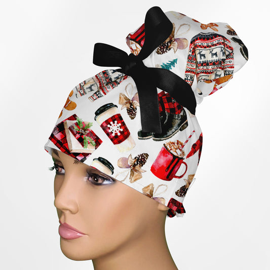 Buffalo Plaid (White) High Bun Ponytail Scrub Cap