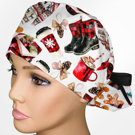 Buffalo Plaid (White) Ponytail Scrub Cap