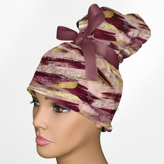 Burgundy Brush Strokes High Bun Ponytail Scrub Cap