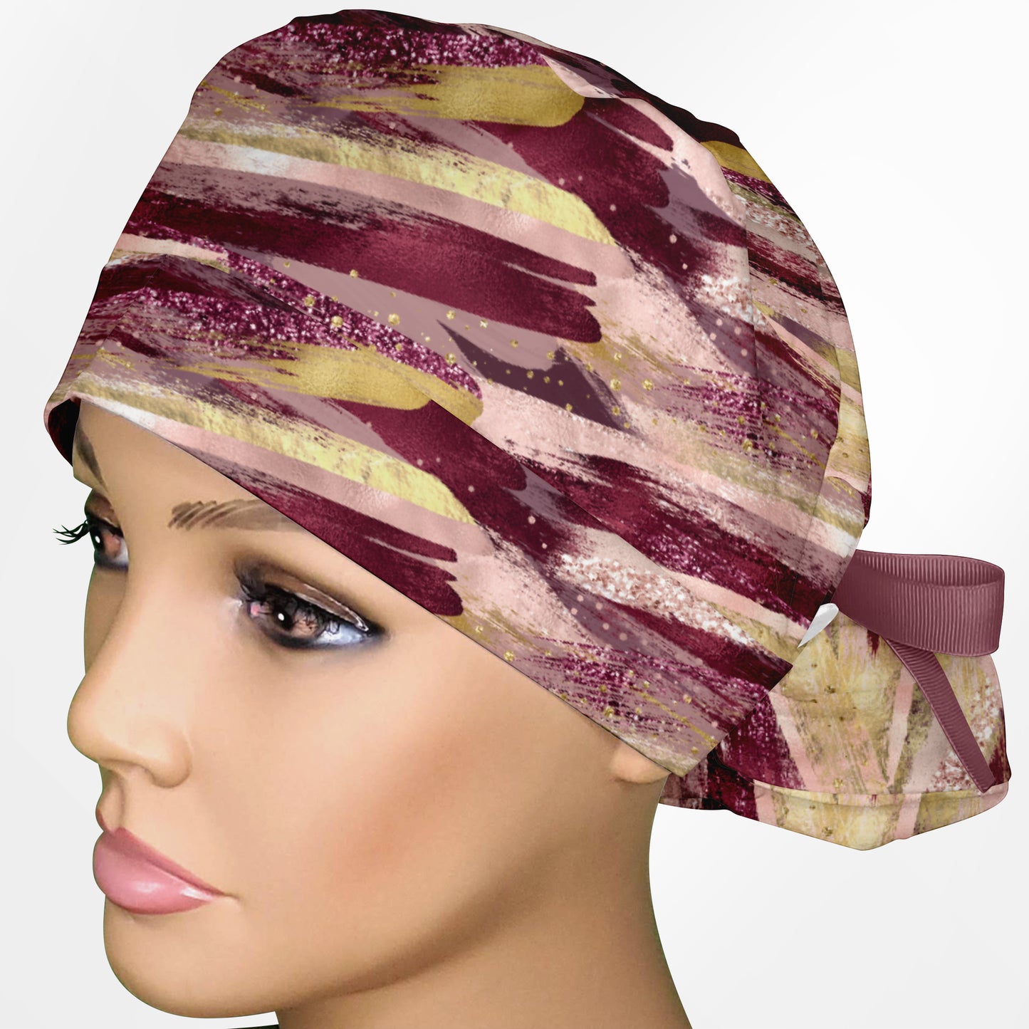 Burgundy Brush Strokes Ponytail Scrub Cap