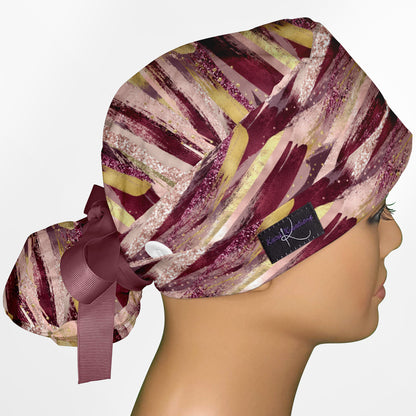 Burgundy Brush Strokes Ponytail Scrub Cap