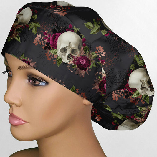 Burgundy Skulls Bouffant Scrub Cap