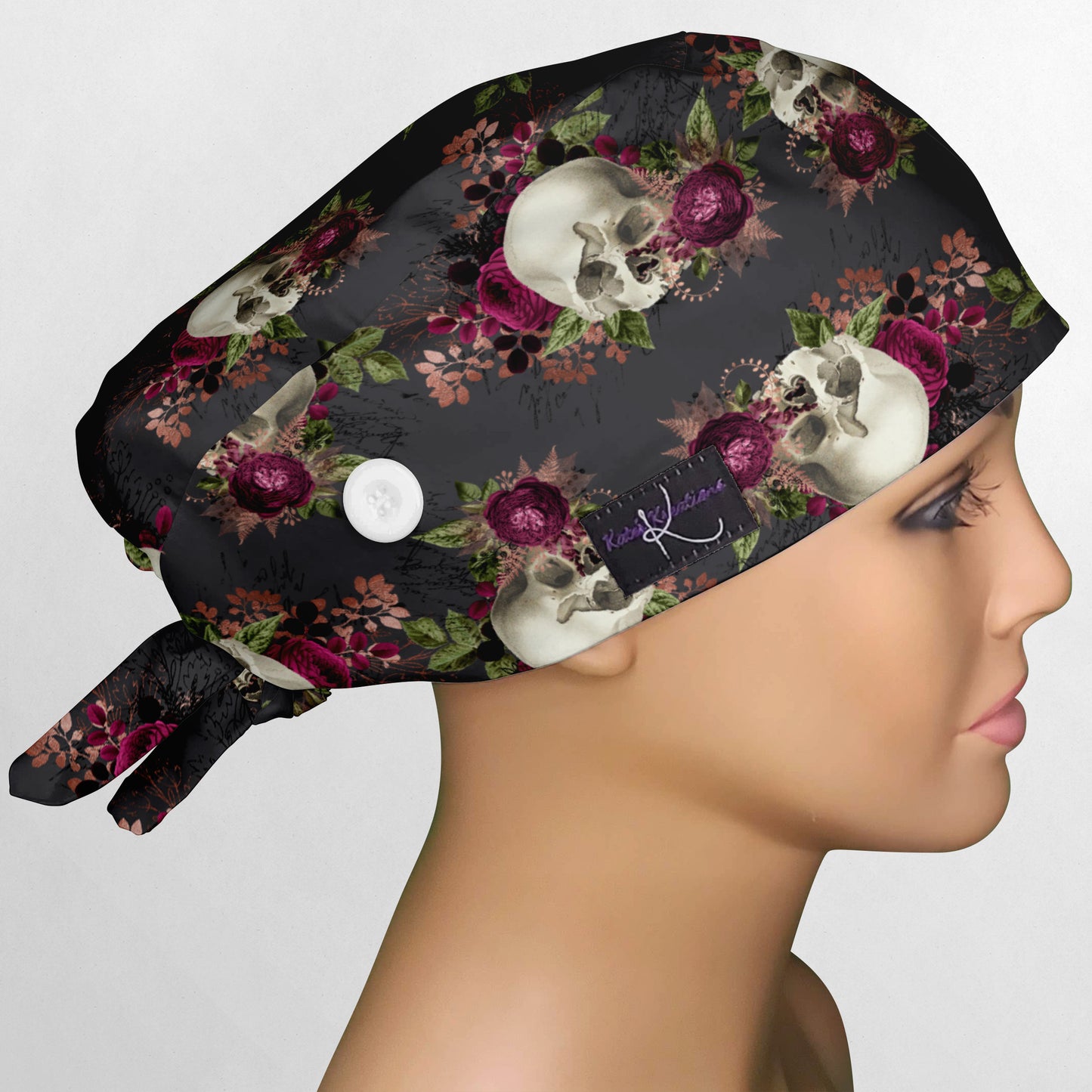 Burgundy Skulls Low-Tie Surgeon Scrub Cap