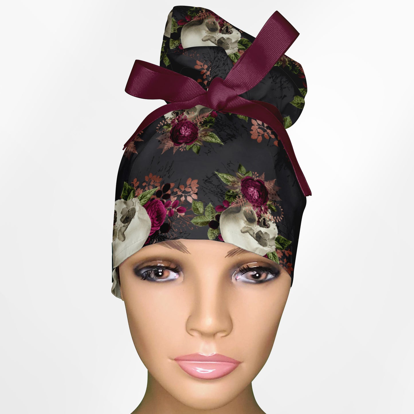 Burgundy Skulls High Bun Ponytail Scrub Cap