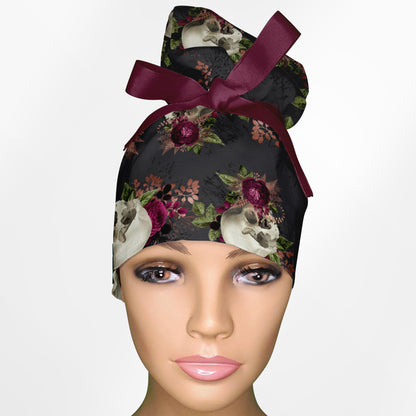 Burgundy Skulls High Bun Ponytail Scrub Cap