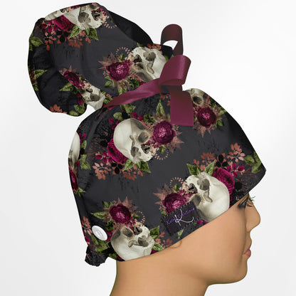 Burgundy Skulls High Bun Ponytail Scrub Cap
