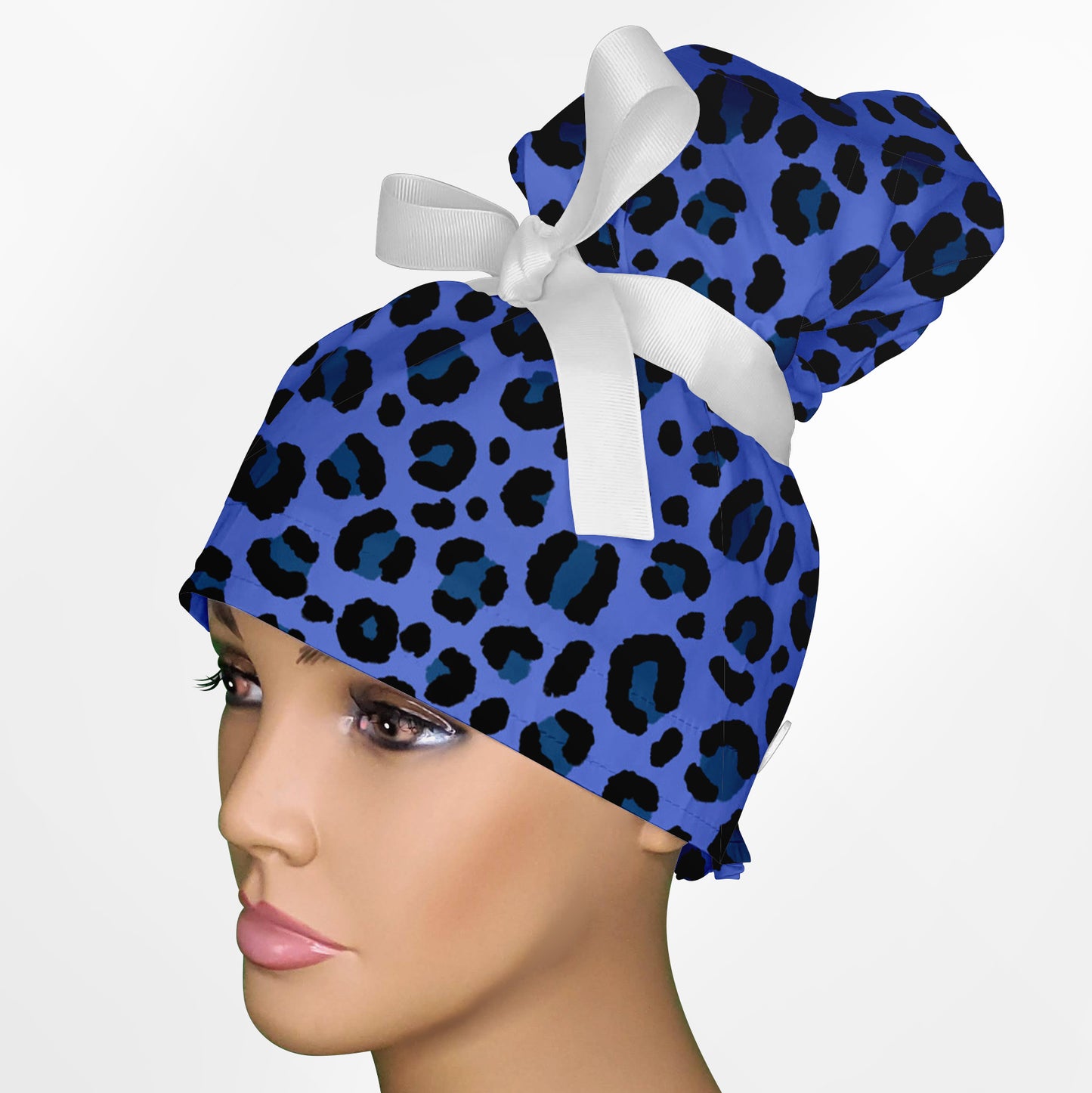 Cheetah Blue High Bun Ponytail Scrub Cap