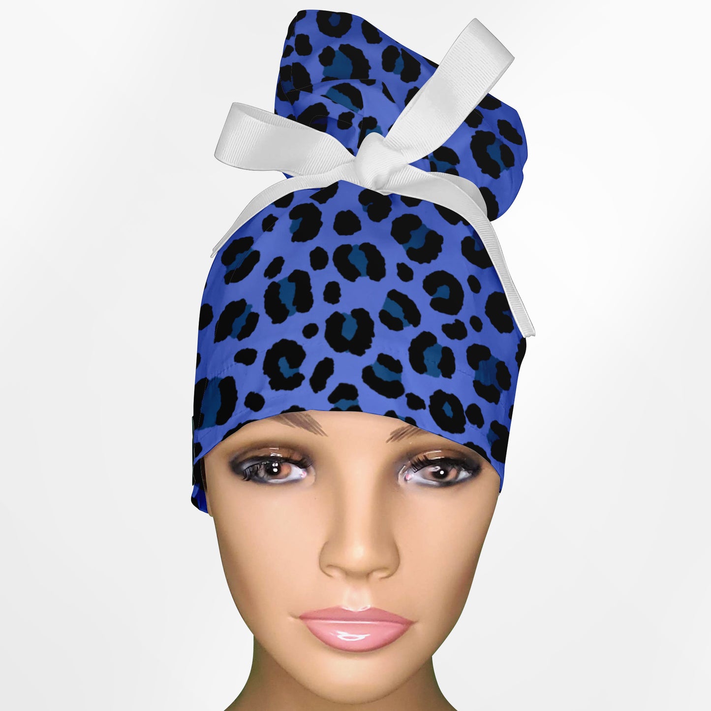 Cheetah Blue High Bun Ponytail Scrub Cap