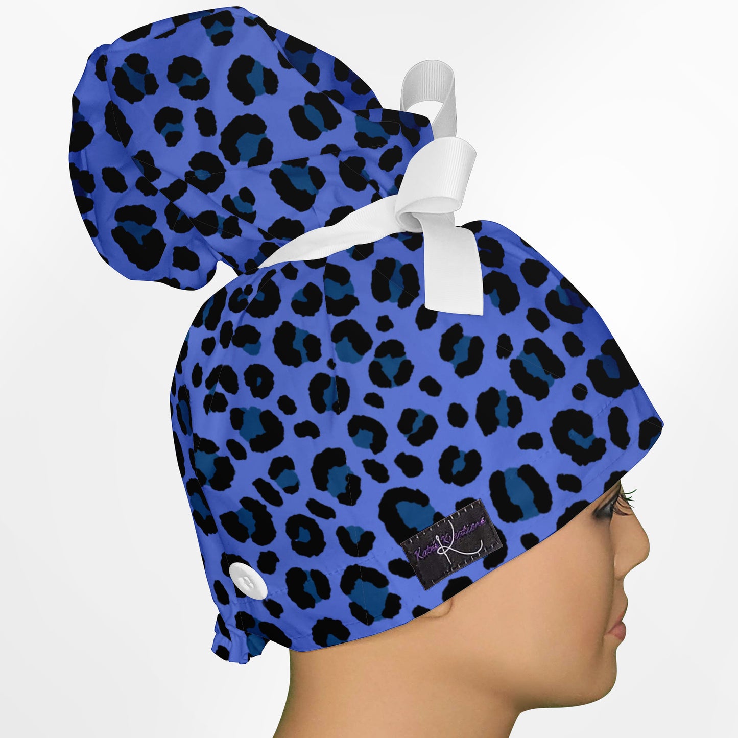 Cheetah Blue High Bun Ponytail Scrub Cap