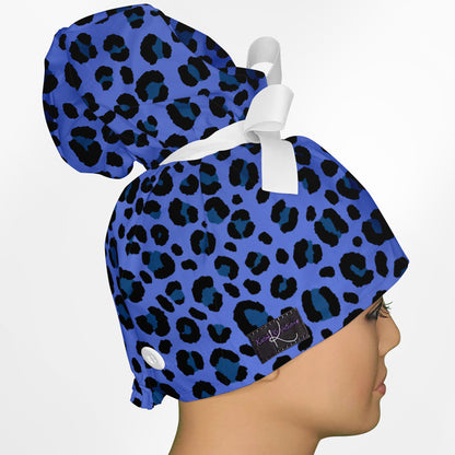 Cheetah Blue High Bun Ponytail Scrub Cap