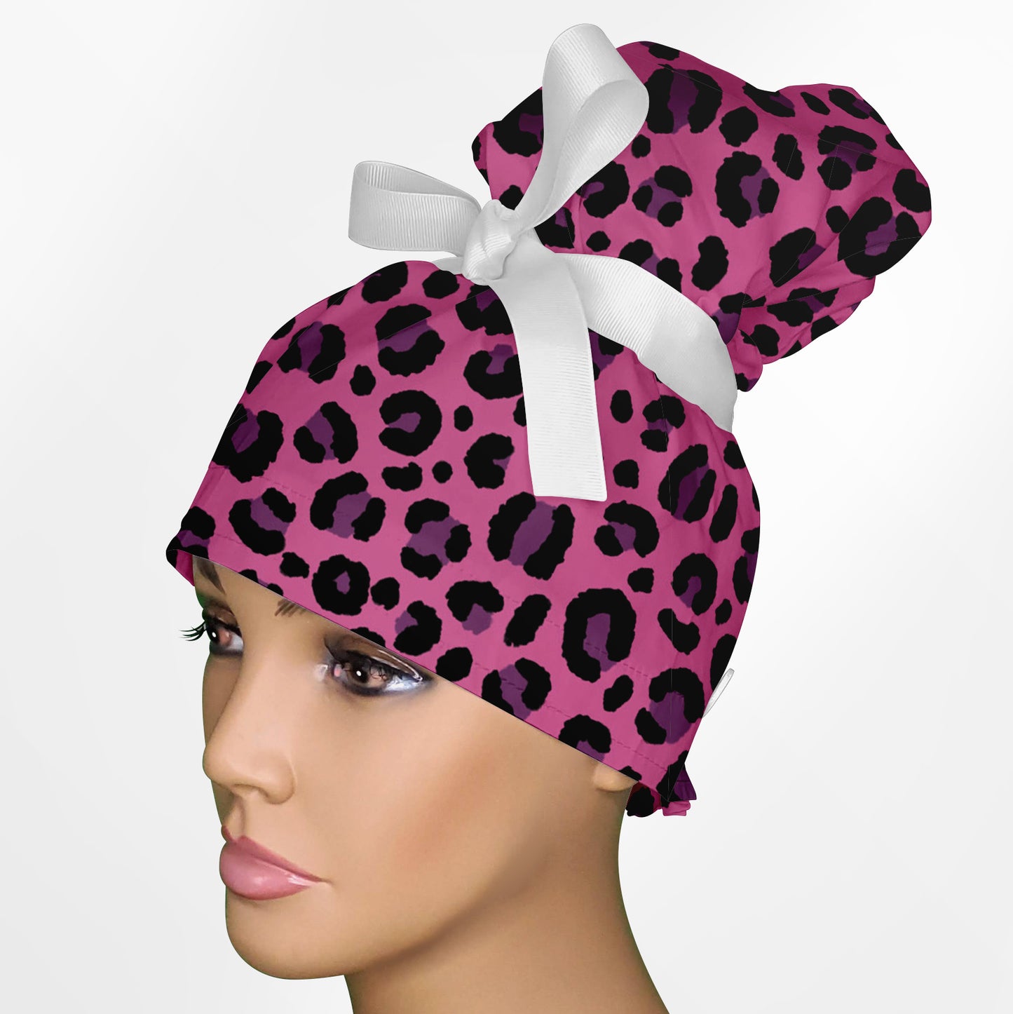 Cheetah Pink High Bun Ponytail Scrub Cap