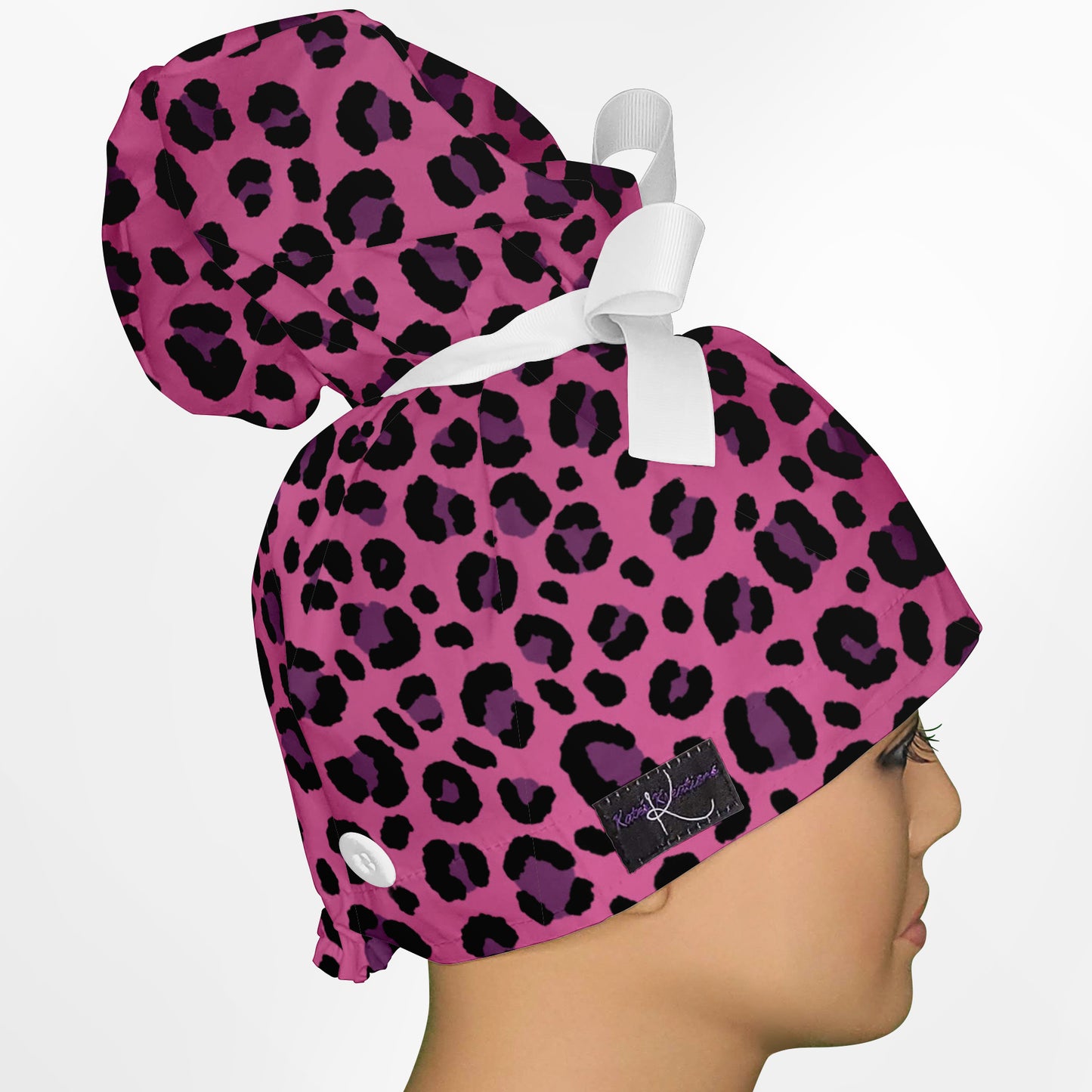 Cheetah Pink High Bun Ponytail Scrub Cap
