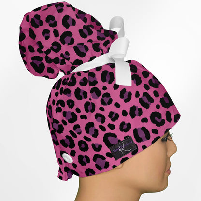 Cheetah Pink High Bun Ponytail Scrub Cap