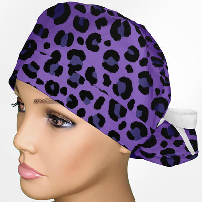Cheetah Purple Ponytail Scrub Cap