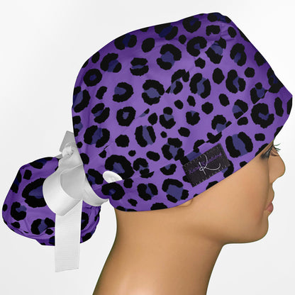 Cheetah Purple Ponytail Scrub Cap
