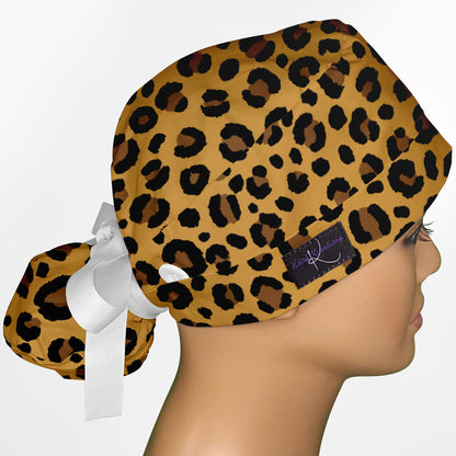 Cheetah Yellow Ponytail Scrub Cap