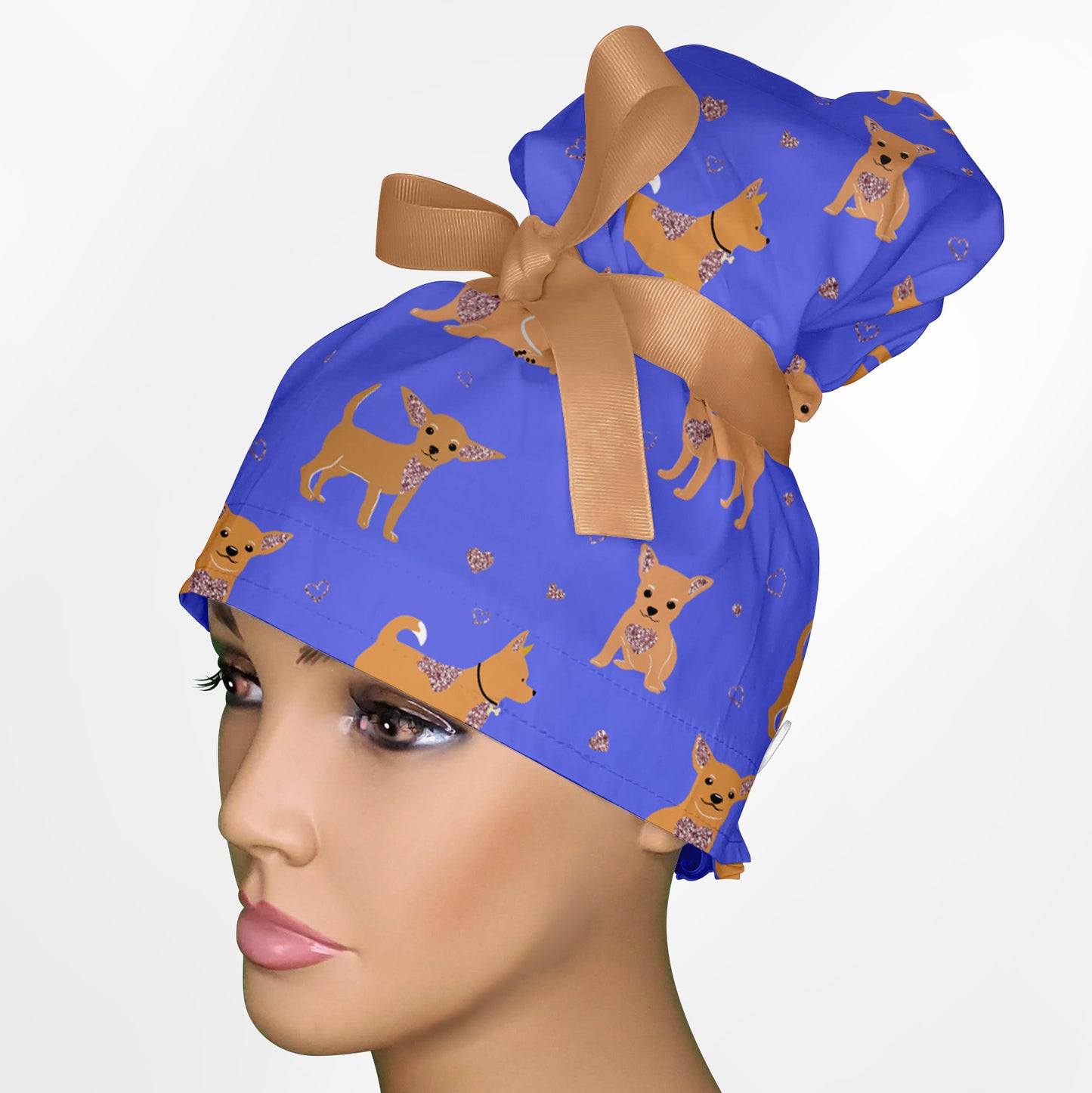 Chihuahua Blue High Bun Ponytail Scrub Cap