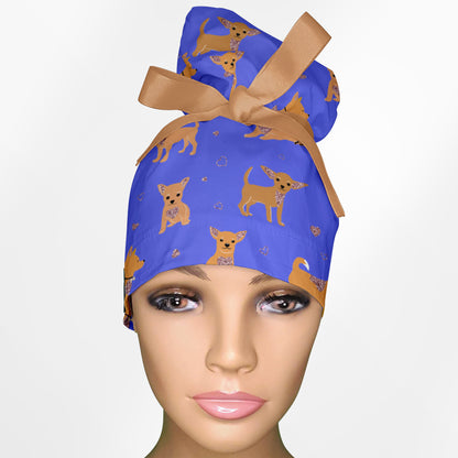 Chihuahua Blue High Bun Ponytail Scrub Cap