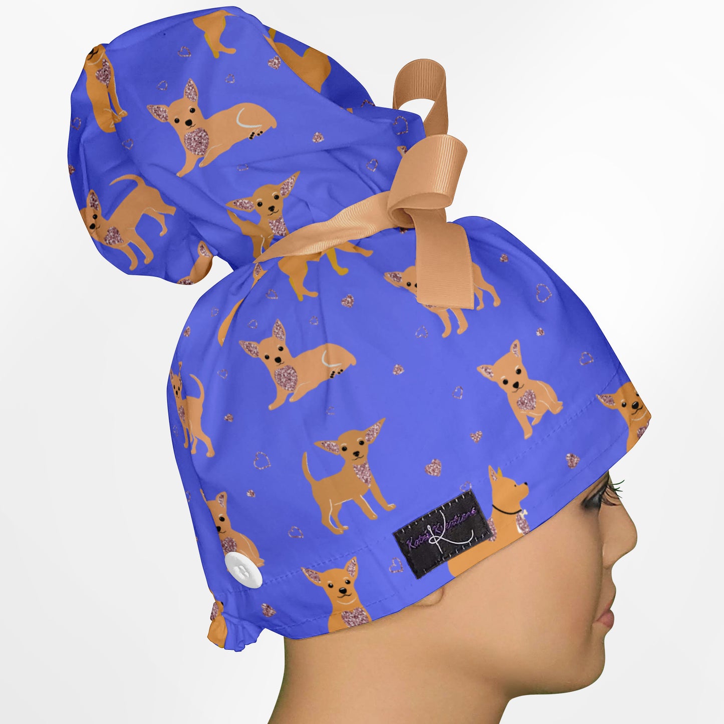 Chihuahua Blue High Bun Ponytail Scrub Cap