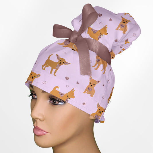 Chihuahua Pink High Bun Ponytail Scrub Cap