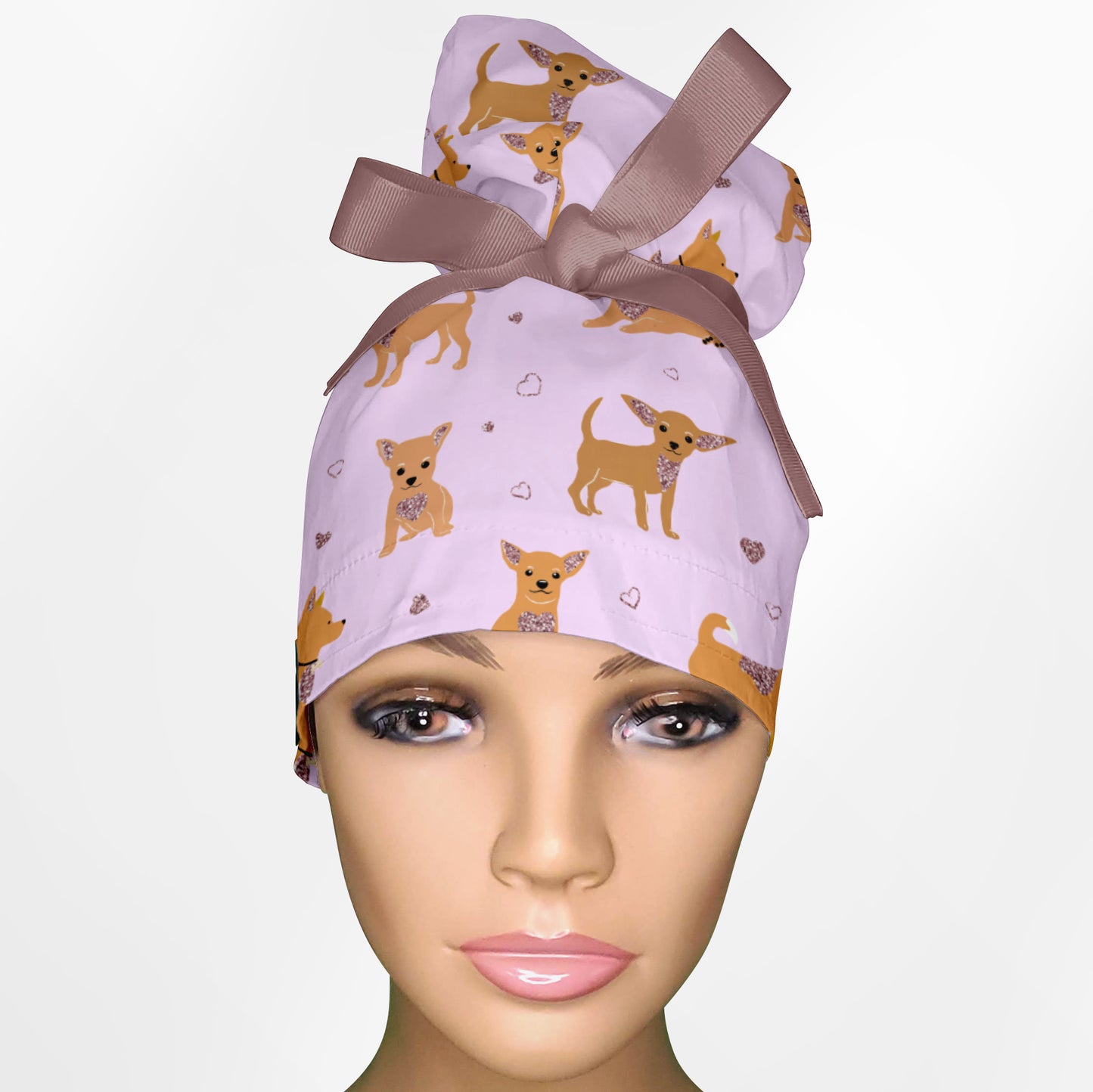 Chihuahua Pink High Bun Ponytail Scrub Cap
