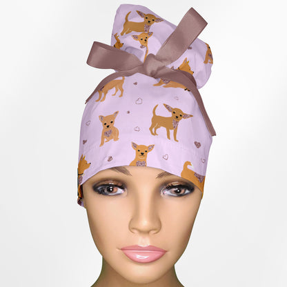 Chihuahua Pink High Bun Ponytail Scrub Cap