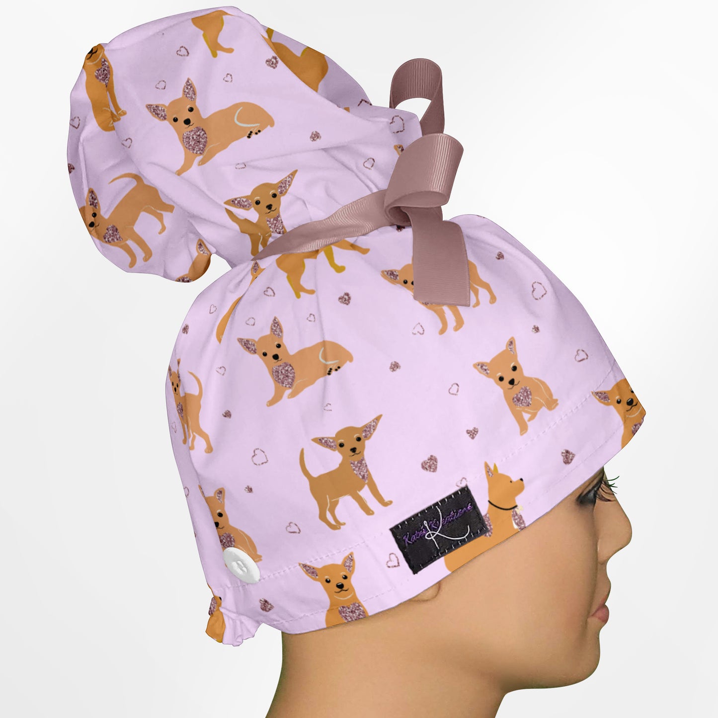 Chihuahua Pink High Bun Ponytail Scrub Cap