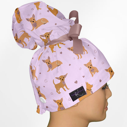 Chihuahua Pink High Bun Ponytail Scrub Cap