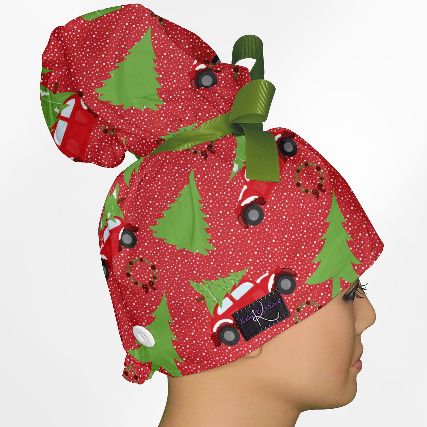 Christmas Bug High Bun Ponytail Scrub Cap