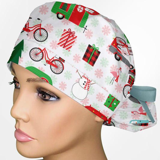 Christmas Camper Ponytail Scrub Cap