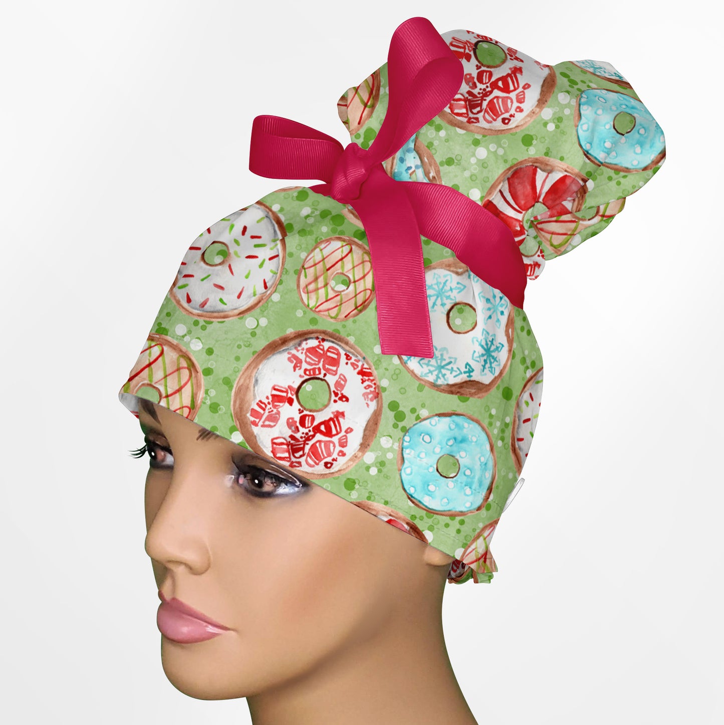 Christmas Donuts High Bun Ponytail Scrub Cap