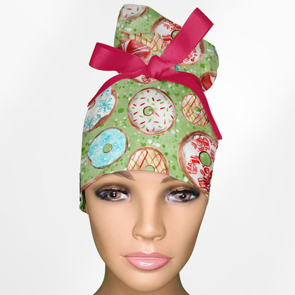 Christmas Donuts High Bun Ponytail Scrub Cap