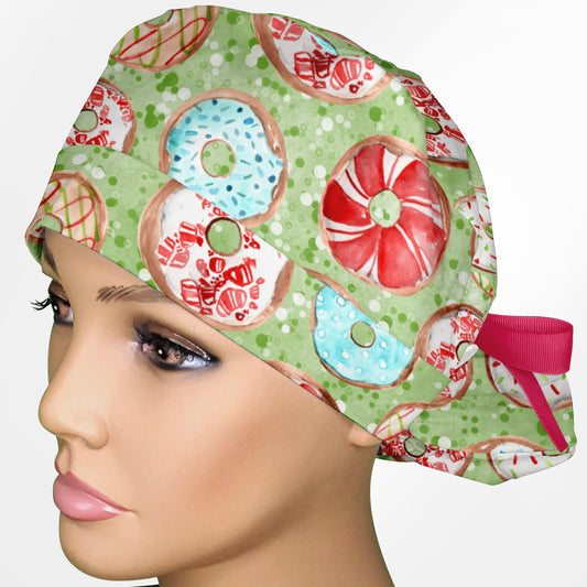 Christmas Donuts Ponytail Scrub Cap