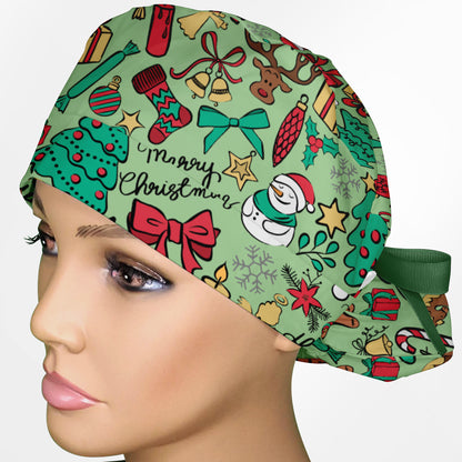 Christmas Doodles Ponytail Scrub Cap