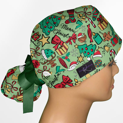 Christmas Doodles Ponytail Scrub Cap