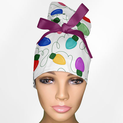 Christmas Lights High Bun Ponytail Scrub Cap